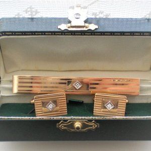 Vintage Men's Designer HAYWARD 14K Yellow Gold Diamond Cufflinks Tie Clip Set